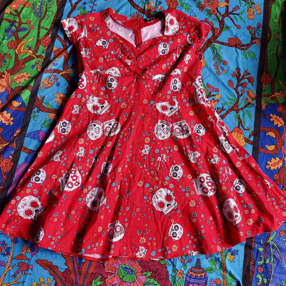 OTEN Red Floral Sugar Skull Day of the Dead Retro Rockabilly Dress Plus Size 4XL - Picture 1 of 5
